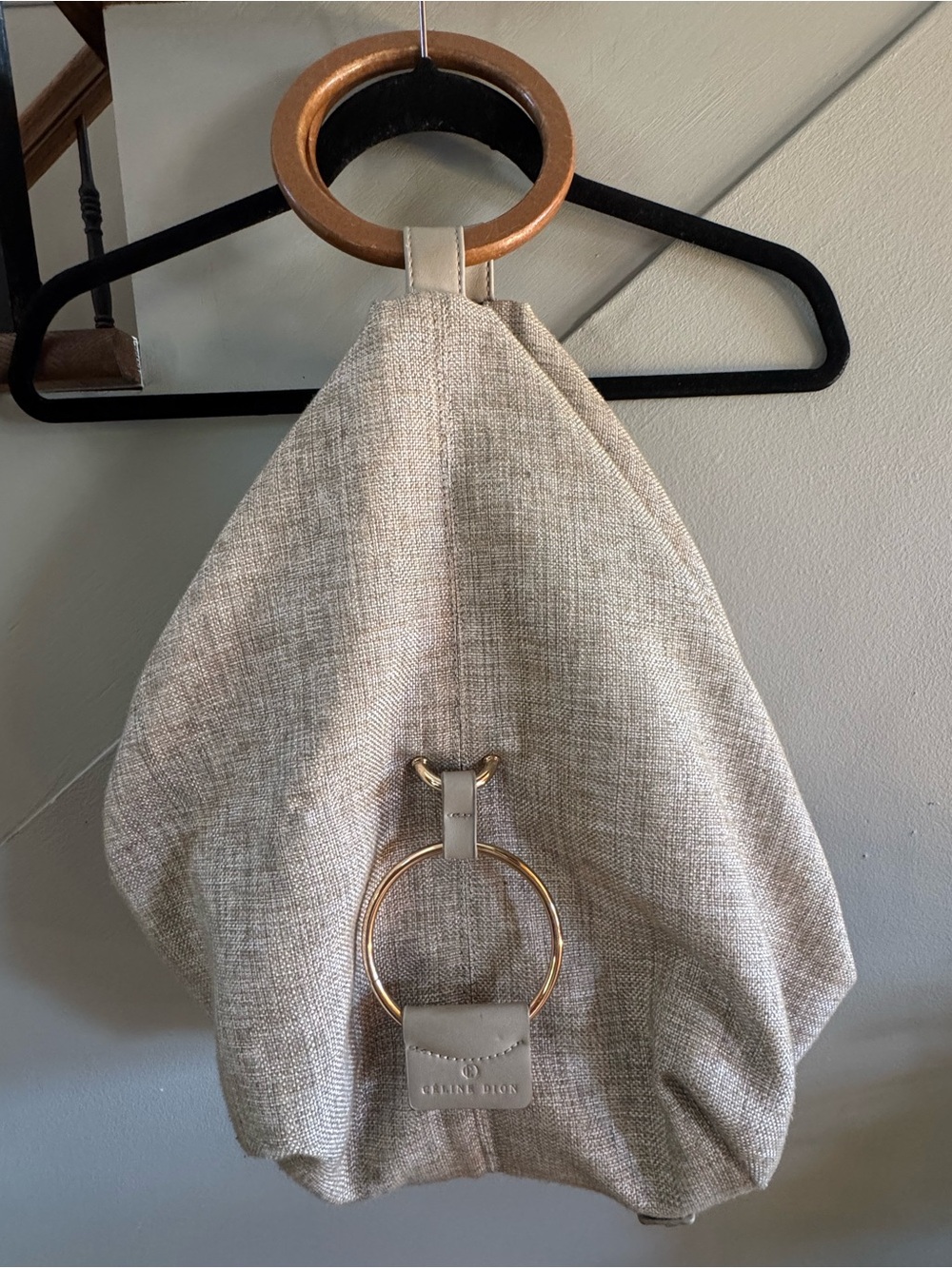 CELINE DION Linen Tote Bag with Gold Ring Detail & Wooden Ring handles- Beige